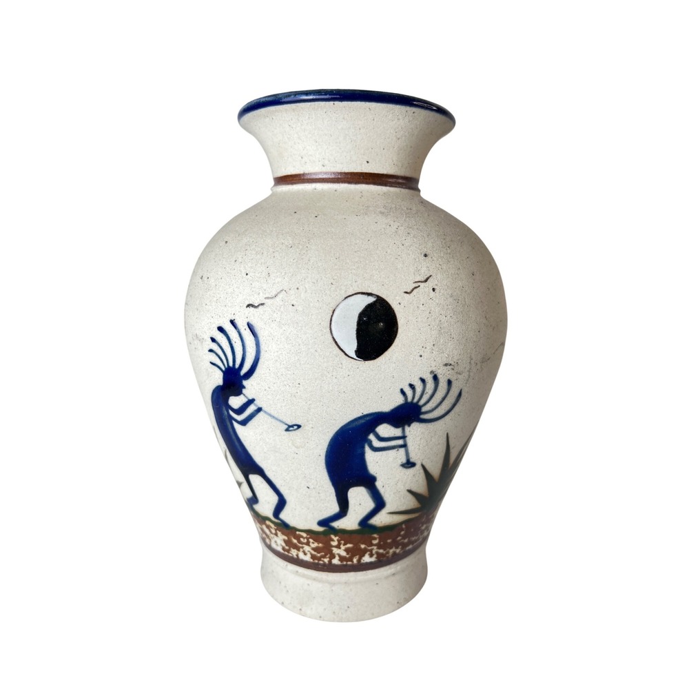 Handmade‎ Mexican Pottery Vase Kokopelli Design 9" Rustic Southwest Folk Art
